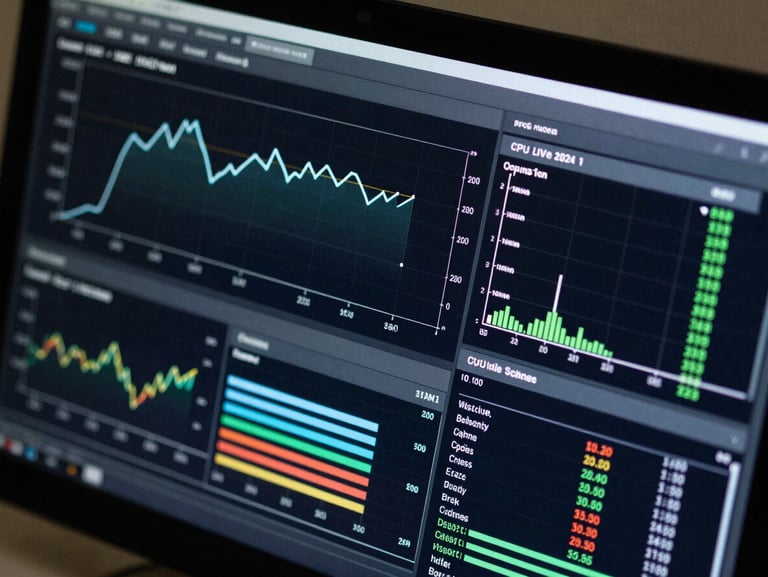 Close-up overhead shot of a system monitoring dashboard on a dark screen showing CPU temperature graphs, RAM usage bars, and frame rate readouts under flat studio light, no glowing effects, clean and clinical