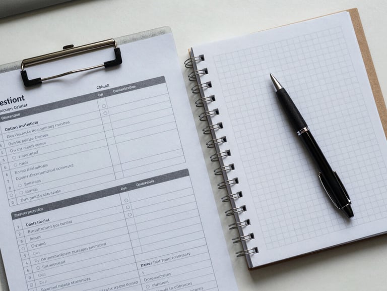 Overhead flat-lay of a neat desk with printed decision checklist sheets, a pen resting on a clean grid-ruled planner, cool even artificial light, no people, minimal and organized