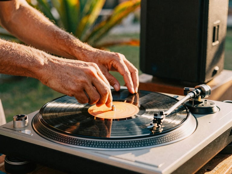 Close-up of hands tuning a vinyl turntable at an outdoor sound system session, golden hour sunlight catching the dust, rich saturated tones.