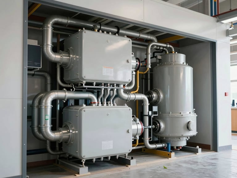 Well-organized interior utility space showing clean, modern mechanical systems and structured piping, bright even daylight.