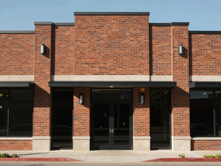 Symmetrical, straight-on shot of a modern brick commercial building facade in Cheyenne, clean lines, bright natural daylight, high contrast.