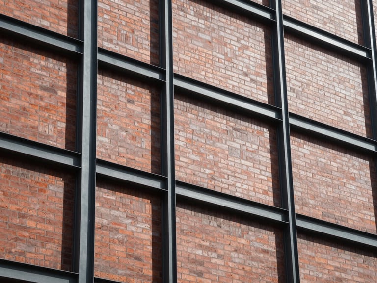 Close-up of clean, structured brickwork and steel frames of a professional building exterior