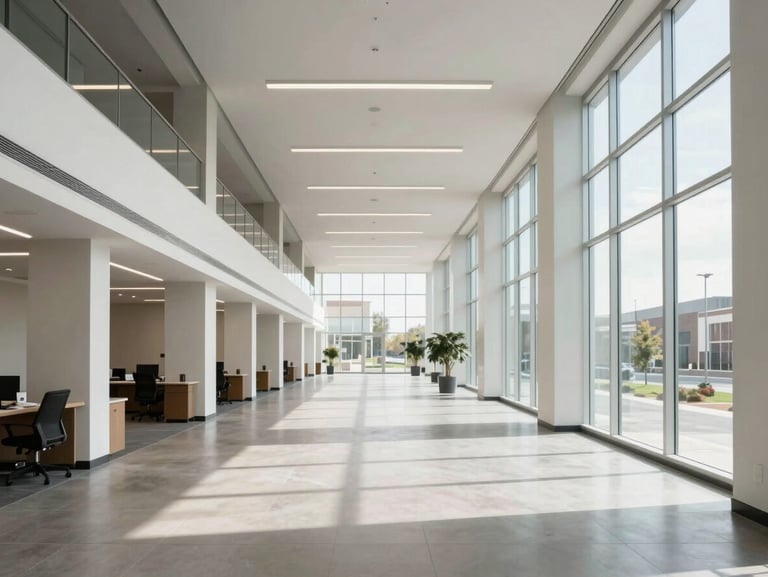 Wide-angle architectural view of a clean, modern office interior in Cheyenne, straight lines, bright natural light.