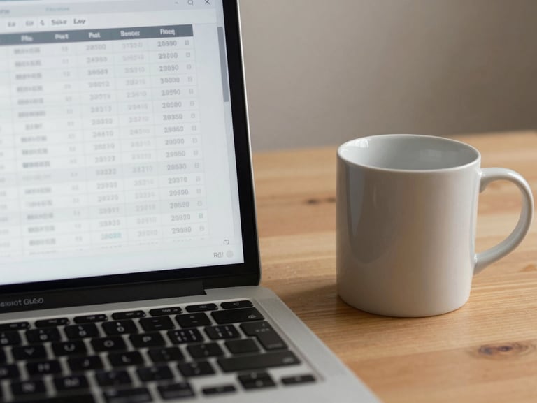 Candid close-up of a laptop screen displaying clean financial spreadsheets next to a ceramic mug on a warm sand-colored wooden desk