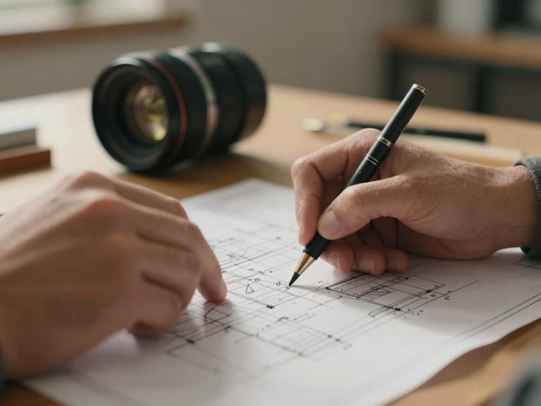 Cinematic close-up of hands sketching on a blueprint in a warm, sun-drenched studio, soft side-lighting, shallow depth of field
