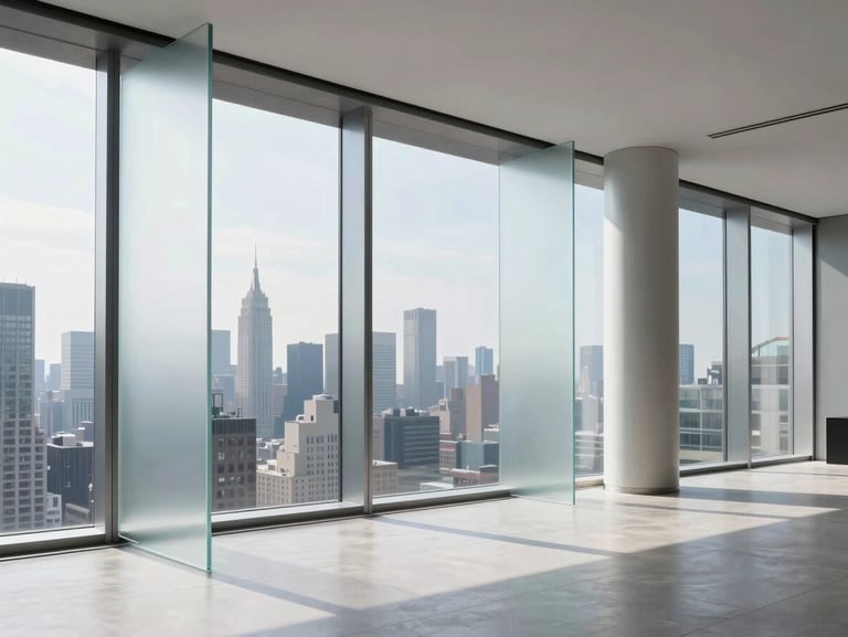 Minimalist penthouse interior in Manhattan featuring smart glass partitions that transition from clear to opaque, overlooking the city skyline, bright natural daylight, cool steel tones.