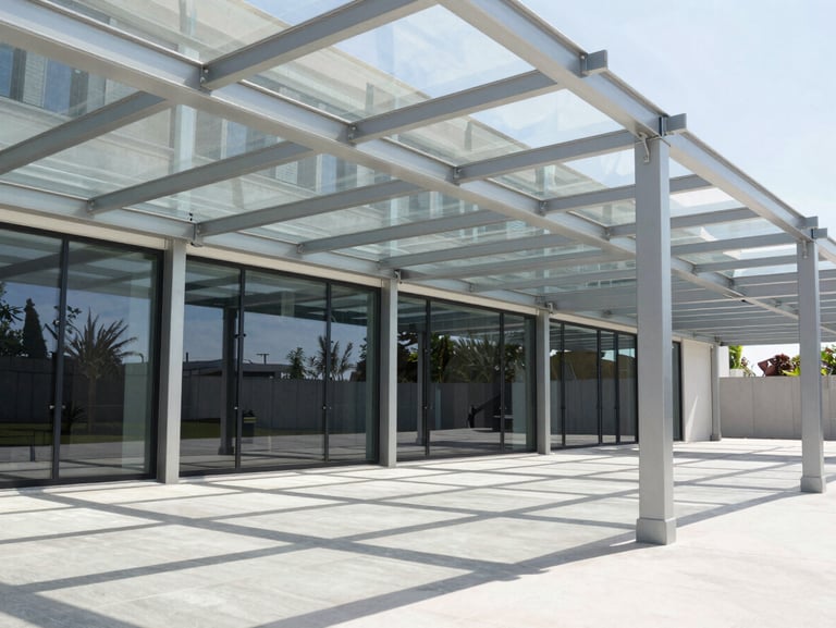 A modern outdoor pergola with integrated structural glass roof panels, clean steel frame, sharp architectural shadows.
