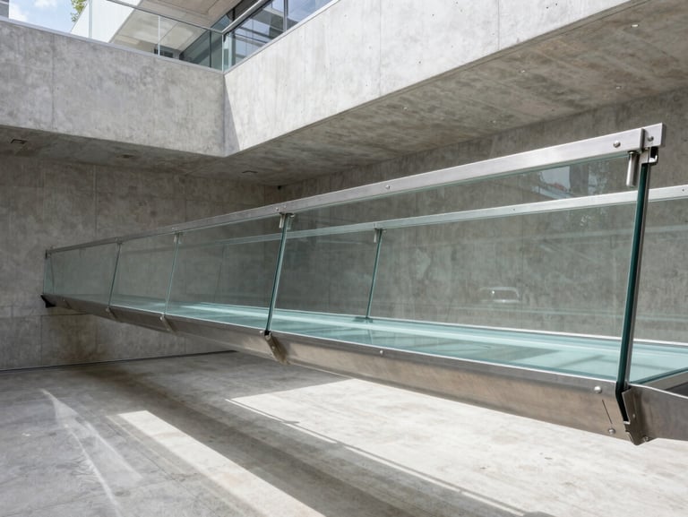 Architectural photography of a structural glass bridge suspended over a minimalist concrete atrium in Aspen, stainless steel tension rods, bright natural daylight, crisp reflections.
