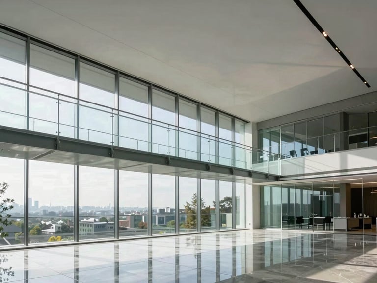 A stunning structural glass bridge suspended inside a modern luxury residence, bright daylight reflections, minimalist steel fittings.
