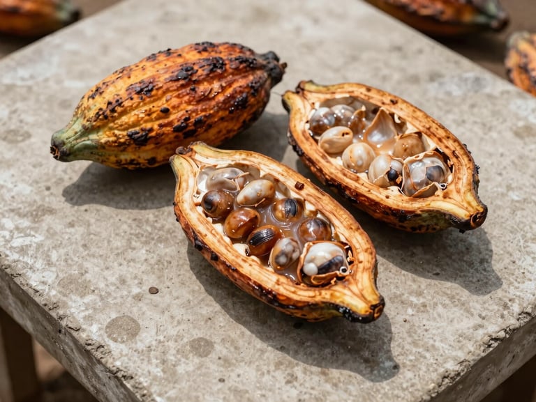 Cross-section of freshly split cocoa pods on a concrete fermentation table in Côte d'Ivoire, bright natural daylight, wet seeds visible in pulp, no hands, overhead documentary framing, ochre and ivory tones