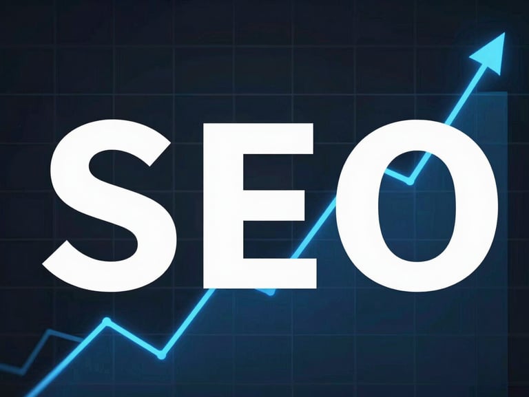 High-contrast top-down view of a clean SEO performance chart, electric blue lines climbing steadily on a dark grid, sharp white typography, minimalist UI style.