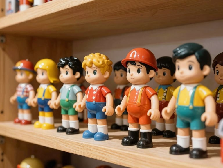 Close-up of vintage 1980s action figures lined up on a wooden shelf, warm interior shop glow, saturated nostalgic colors