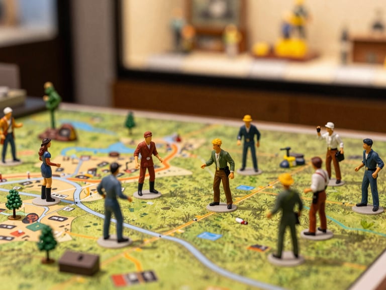Intricate tabletop miniature figures positioned on a detailed grass battleground map, warm dramatic lighting