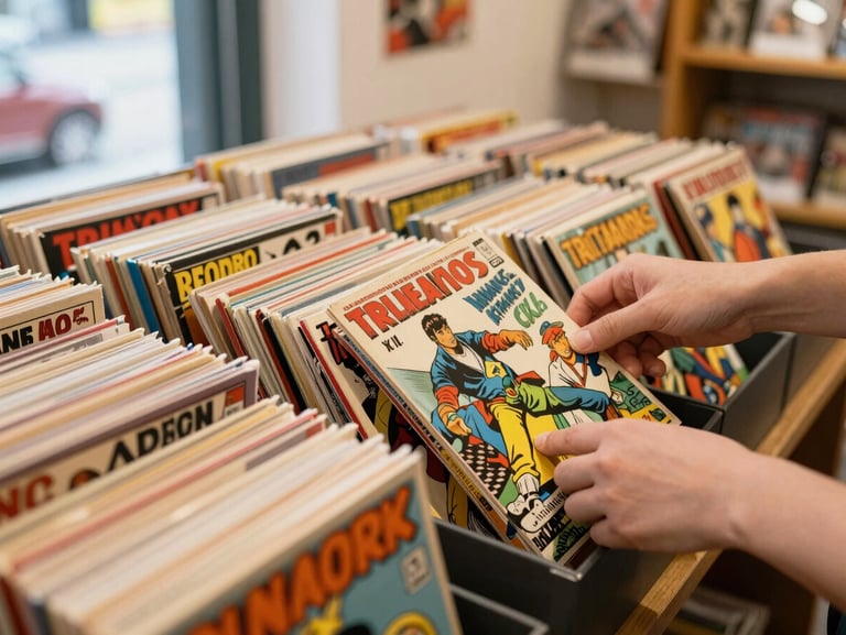 Row of comic book longboxes filled with vintage issues, fingers flipping through sleeves, warm ambient light