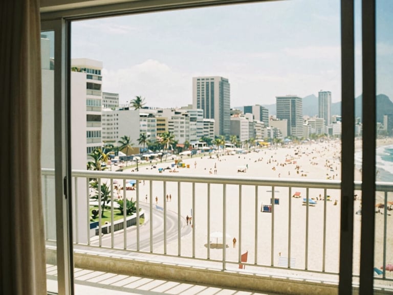 bright editorial photography of Copacabana beach view from a high-floor apartment window, sun-drenched balcony, warm coastal tones, 35mm film