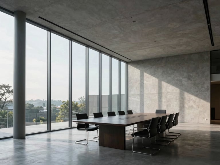 Wide-angle architectural interior of a modern executive boardroom, clean lines, concrete walls, cool natural morning light filtering through high glass windows, minimalist aesthetic.