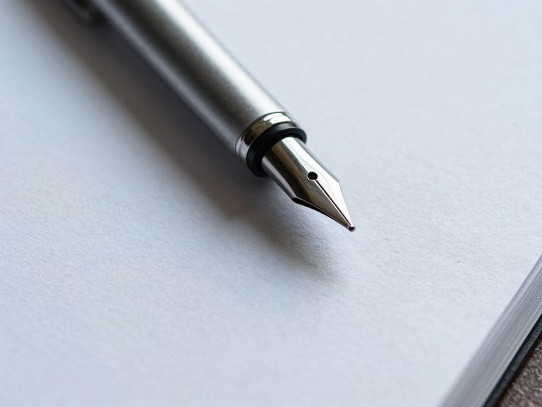 Extreme macro close-up of high-quality physical stationery, a heavy textured paper document with a clean steel pen resting on it, soft shadows, cool daylight.