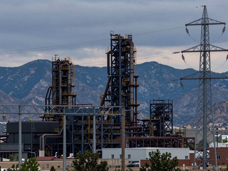 Industrial skyline of Cedar City at overcast dusk, power lines and steel structures framed by mountains.