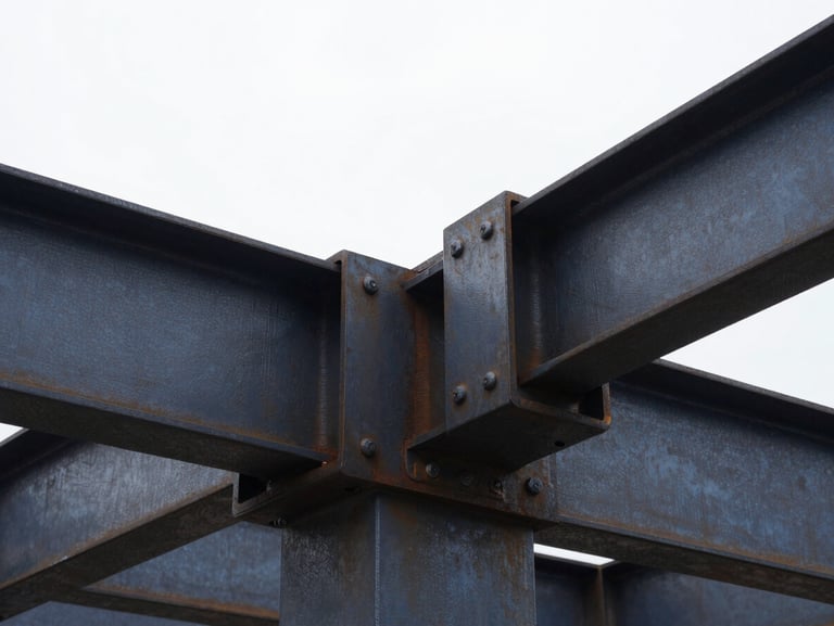 Close-up of industrial steel joints and structural connections, high-contrast overcast daylight, rugged texture.