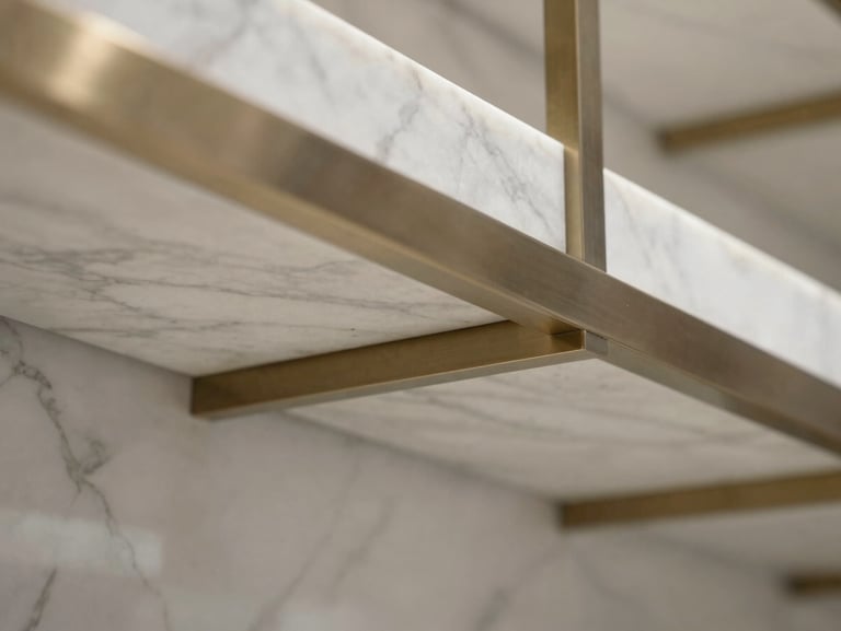 Macro detail of polished white marble and brushed steel structural elements inside a luxury retail space in Riyadh.