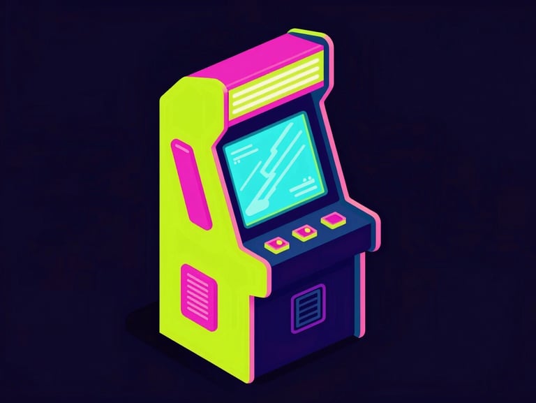 Vibrant vector illustration of a retro-futuristic arcade cabinet glowing with cyber-lime and hot pink neon lights, dark high-contrast background, isometric view.