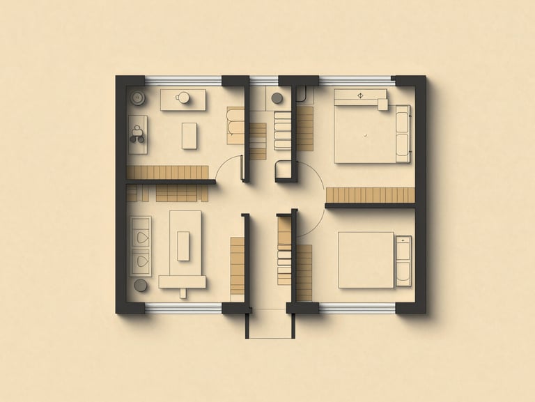 Clean architectural floor plan drawing of the ground floor, high contrast, dark charcoal lines on a warm sand background, showing kitchen, living room layout, and garden exit.