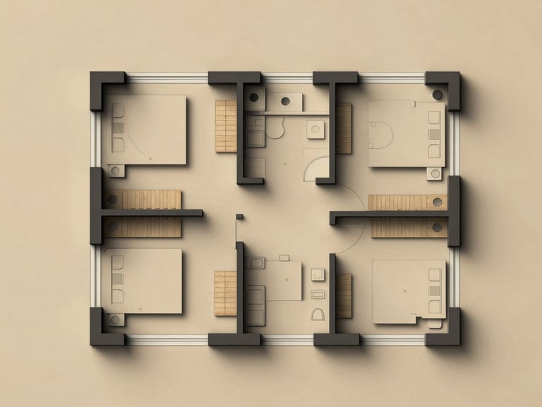 Clean architectural floor plan drawing of the first floor, high contrast, dark charcoal lines on a warm sand background, showing three bedrooms and bathrooms.