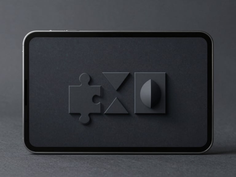 A high-fidelity mockup of a minimalist puzzle game on an Android screen, showing simple geometric shapes on a dark charcoal canvas with subtle soft shadows.