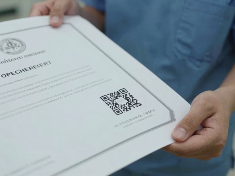 A close-up of a printed clinical certificate showing a clear QR code and official seal, held by a student in scrubs.