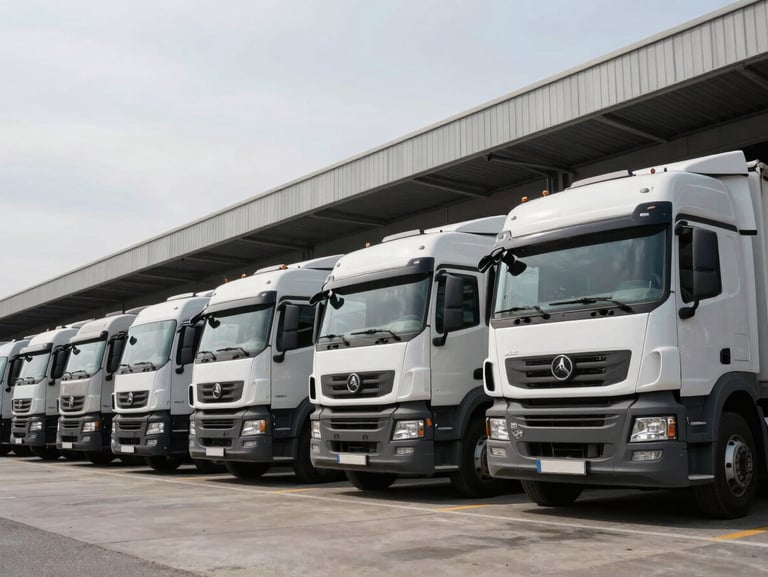 Low-angle heroic shot of clean transport trucks parked neatly at modern concrete loading docks in Çerkezköy industrial zone, soft overcast daylight