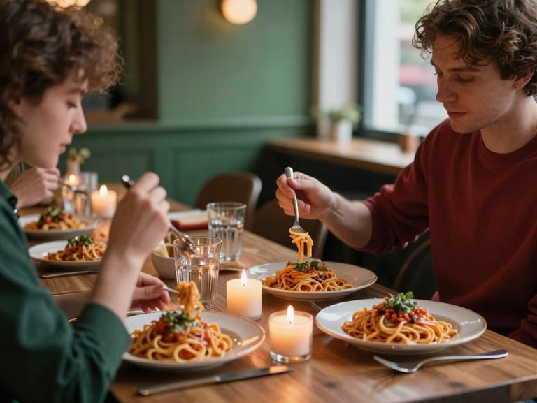 Warm candlelit restaurant interior with guests enjoying fresh pasta, soft Scandinavian lighting, moody shadows