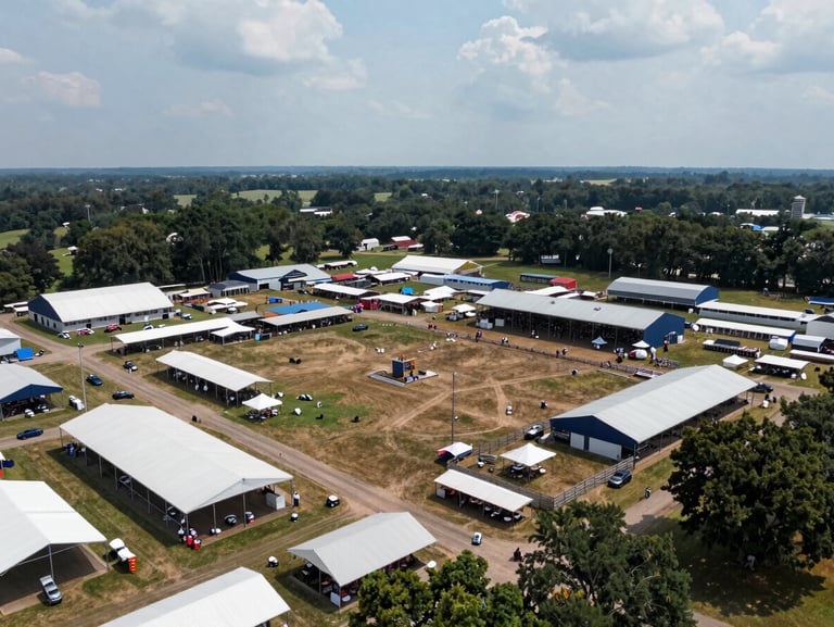 Aerial wide shot of a Tennessee fairground or outdoor venue, booth structures and open grounds visible from above, midday overcast light, no crowds in frame