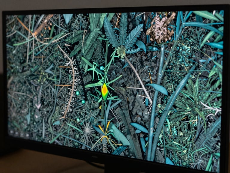 Close-up of a monitor displaying satellite multispectral band composite with vegetation index overlay, muted teal and charcoal tones, cool indoor lighting, no people visible, sharp pixel detail on screen