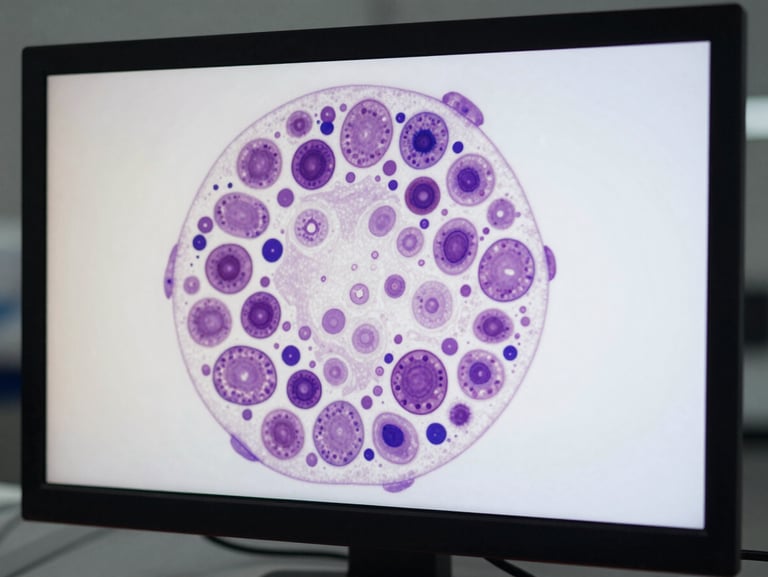 Close-up of a monitor showing histopathology slide with deep-learning segmentation contours highlighting cell clusters, cool white studio lighting, muted clinical palette, no people, sharp screen detail