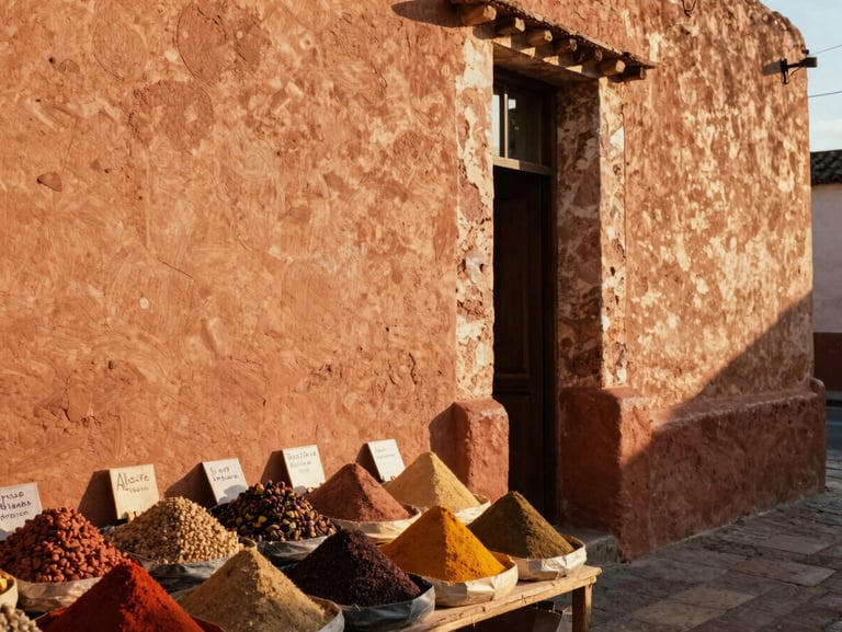 Terracotta walls in Oaxaca under natural side-lighting, a local market stall with colorful spices, warm earthy tones.