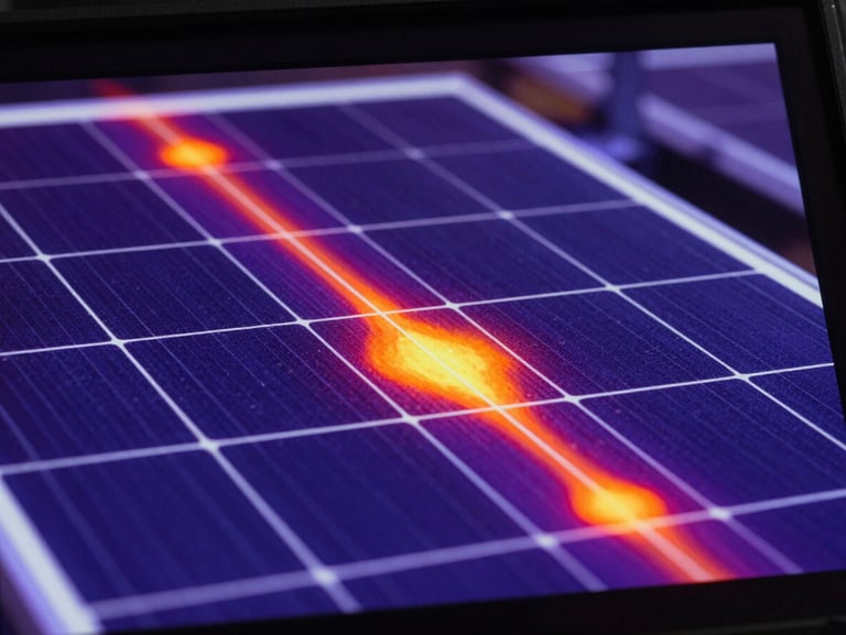 Extreme close-up of a high-resolution thermal imaging camera screen displaying a solar panel array, vivid orange and purple heat signatures highlighting a specific hot spot on a single cell, dark slate background, high contrast.