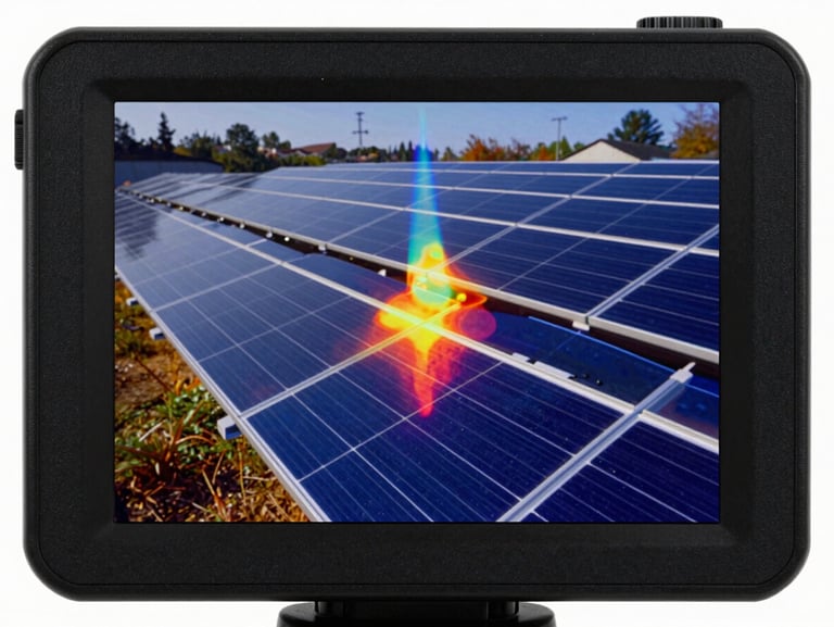 Close-up of a high-resolution thermal imaging camera screen displaying temperature variations on a photovoltaic panel array under bright daylight