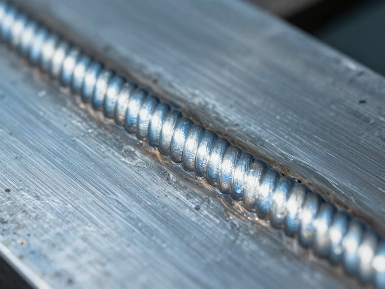 Extreme close-up of a clean, uniform weld bead on steel plate, showing silver metallic texture and precise ripples under cool blue workshop lighting.