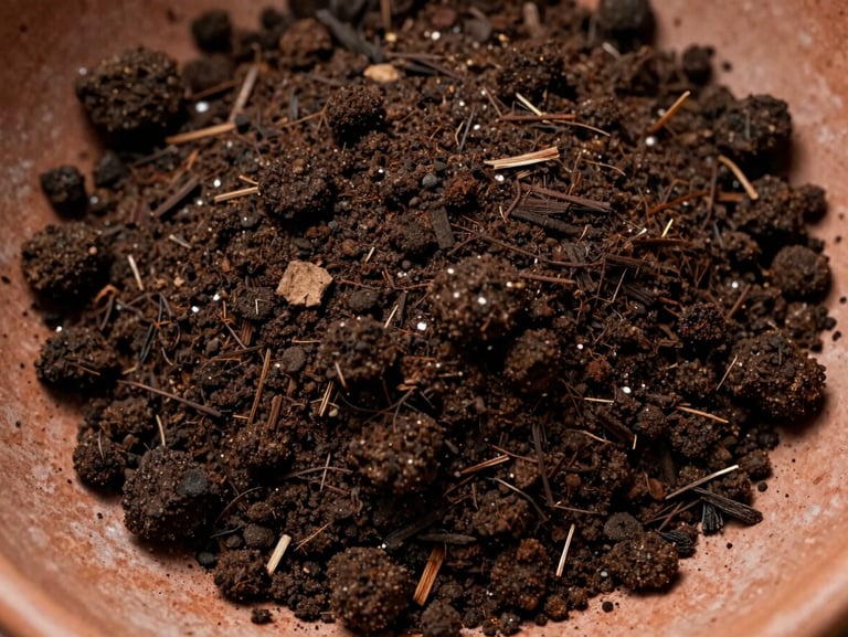 Overhead study of dark crumbly compost and mulch spread on a terracotta surface, individual soil granules and fine organic matter sharply visible, diffused cloud-covered daylight, deep earthy tones, macro framing