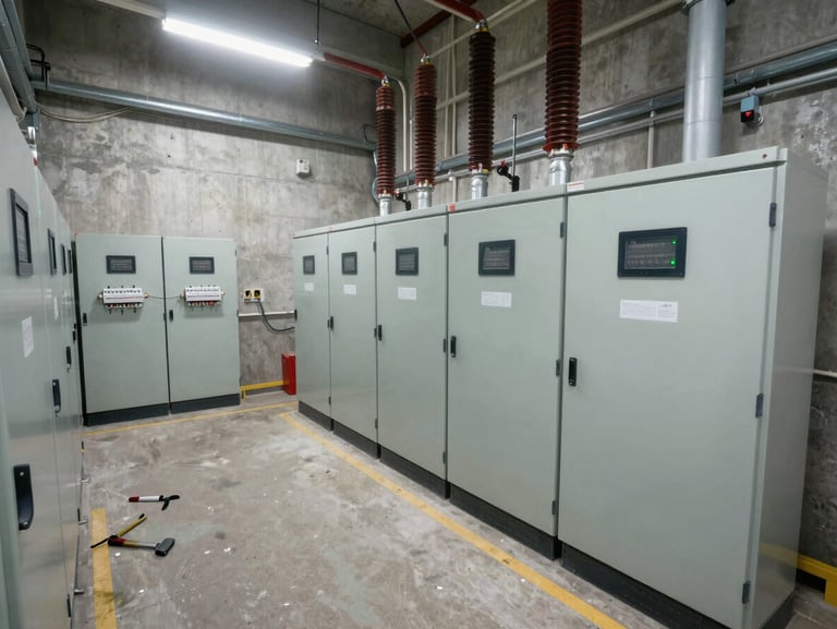 Overhead view of an electrical distribution room in an industrial facility, breaker panels labeled and organized, conduit runs visible along concrete walls, bright overhead lighting, mid-installation with tools laid out on the floor
