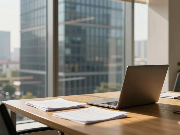 Bright natural office daylight in Gurugram corporate hub, professional desk with documents and laptop, warm editorial 35mm photography