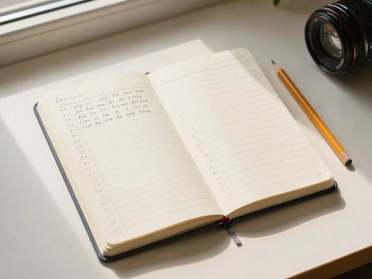 Close overhead view of an open notebook with handwritten cycle-tracking notes on a warm cream desk, soft morning window light, a pencil resting alongside, no people visible