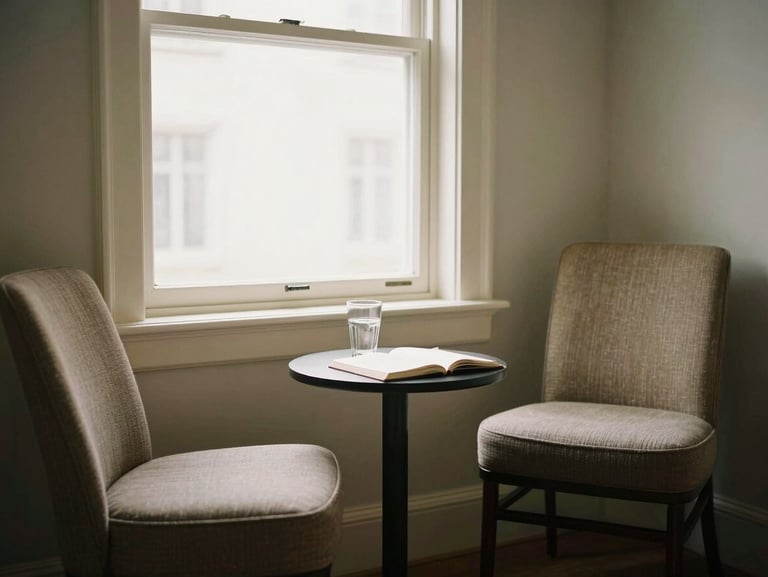 Warm indoor corner with two comfortable chairs facing each other near a bright daylight window, a small table with a glass of water and an open notebook, calm and unhurried atmosphere