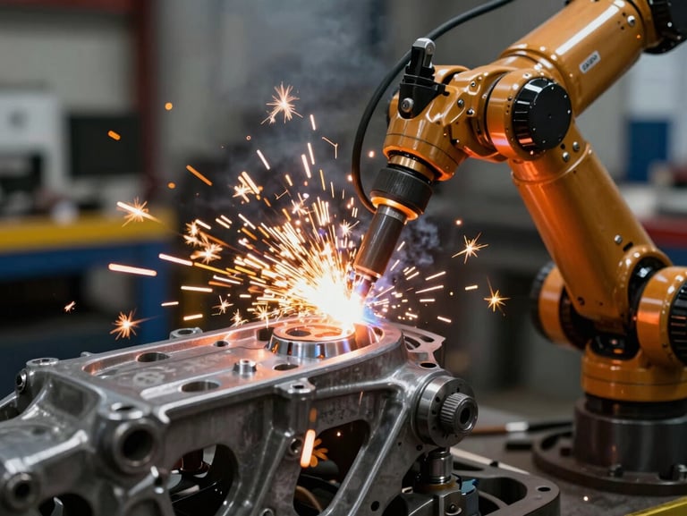 Macro close-up of a robotic welding arm casting bright orange sparks onto a raw steel motorcycle chassis, high-contrast industrial lighting.