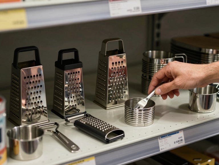 Hands arranging compact kitchen tools — peelers, graters, and measuring cups — on a warehouse picking shelf, flat studio light from above, clear product detail, no faces