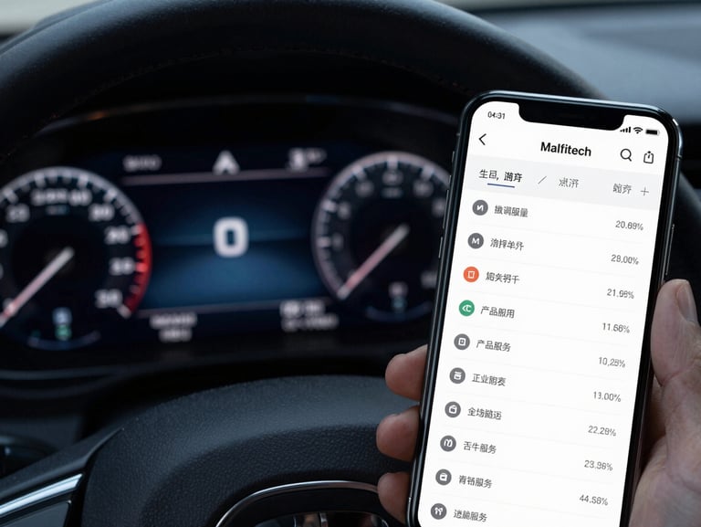 Macro shot of a high-performance modern car digital dashboard showing speed and engine metrics, transitioning into a clean smartphone screen displaying the Malfitech inventory management interface, sharp electric blue illumination, dark background, high contrast studio lighting.