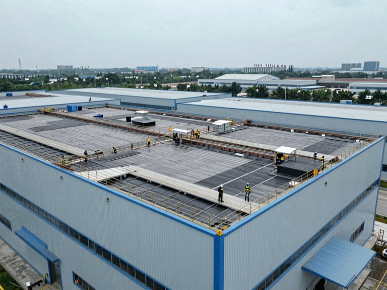 Aerial view of an active industrial building undergoing roof restoration, clean safety protocols, professional engineering