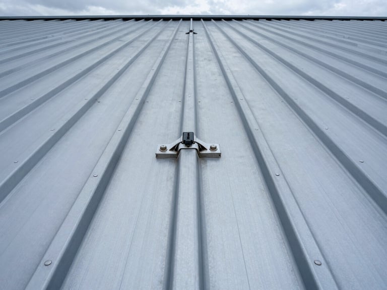 Close-up of double-lock zip seams on a massive industrial metal roof, metallic blue tones, crisp overcast daylight, technical engineering photography, 35mm