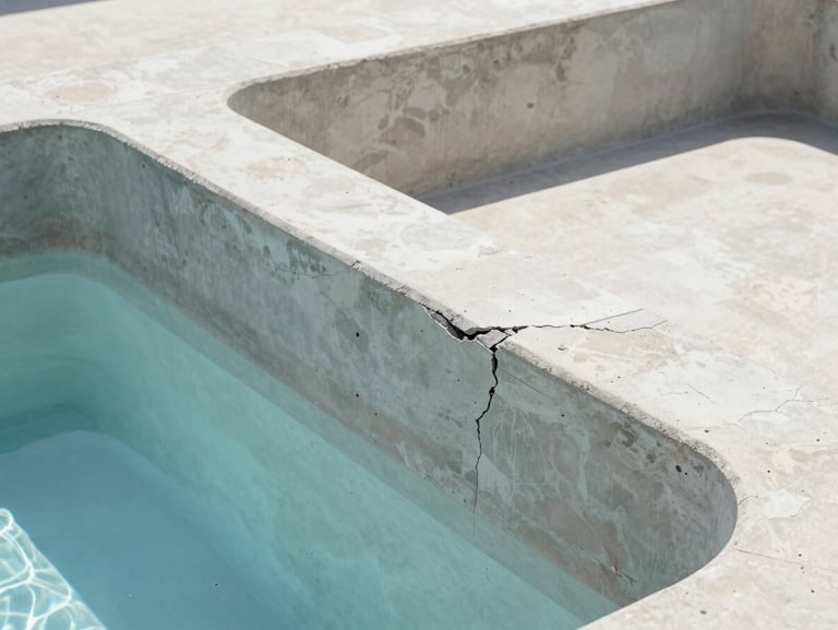 Close-up of a deteriorated concrete pool shell with visible structural cracking, stained plaster, and empty basin, harsh daylight.