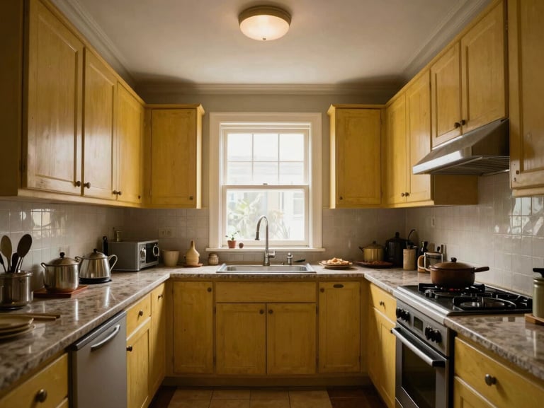 Symmetrical straight-on shot of a dated kitchen with yellowing oak cabinets, cluttered laminate countertops, and artificial overhead lighting.